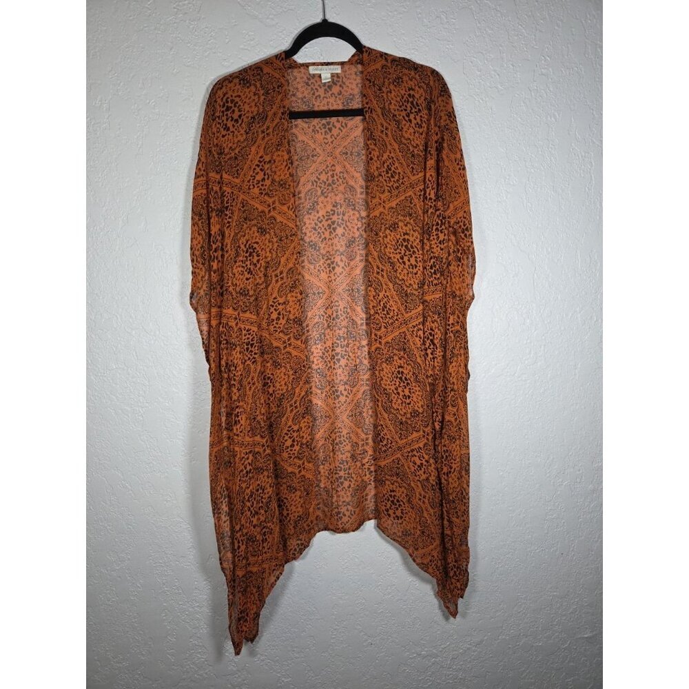 Chelsea & Violet Women’s Animal Print Kimono Duster Boho Sheer Orange Blk Small